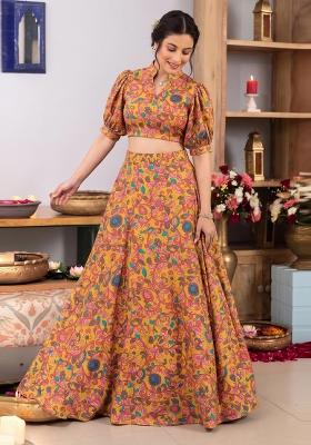 Mustard Printed Georgette Lehenga Set