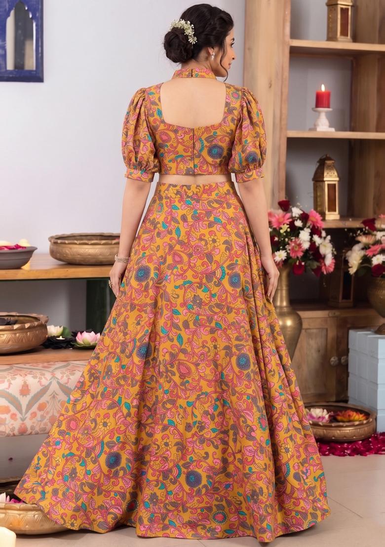 Mustard Printed Georgette Lehenga Set - Indya