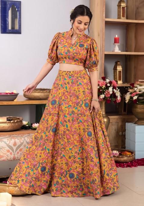 Mustard Printed Georgette Lehenga Set