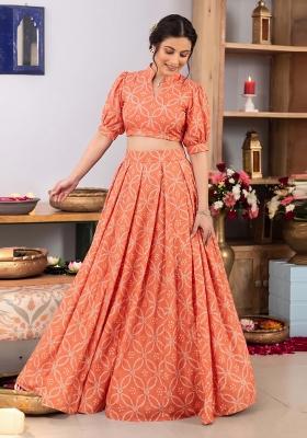 Burnt Orange Printed Georgette Lehenga Set