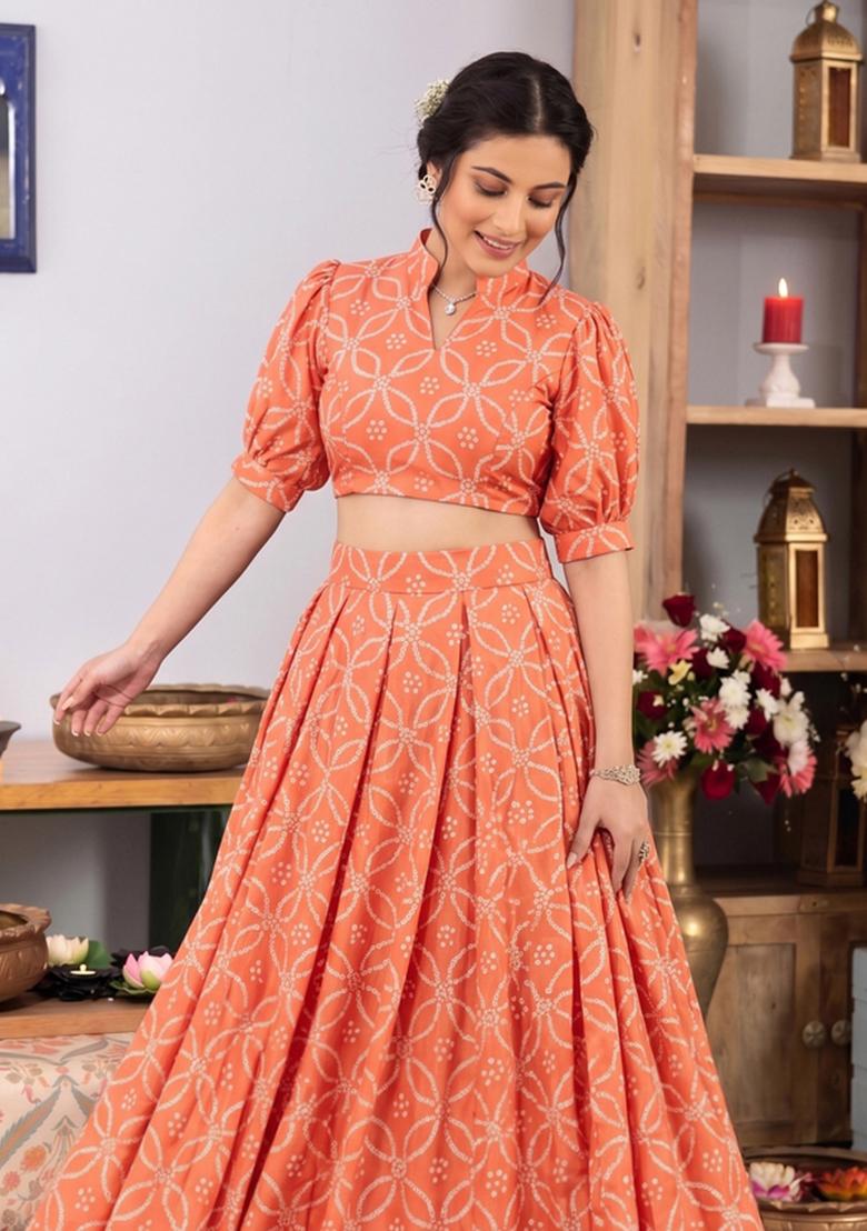 Burnt Orange Printed Georgette Lehenga Set - Indya