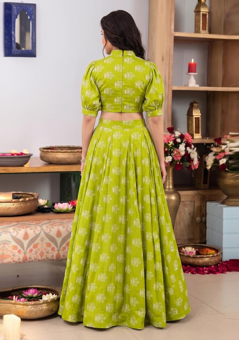 Lime Green Printed Georgette Lehenga Set - Indya