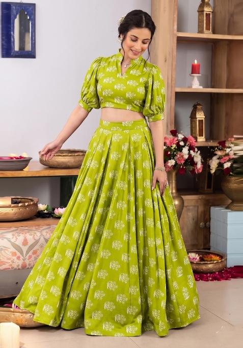 Lime Green Printed Georgette Lehenga Set