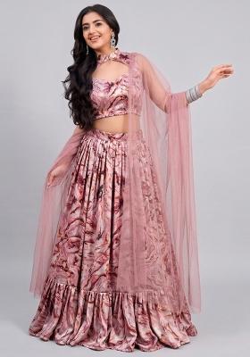 Dusty Pink Printed Satin Lehenga Set