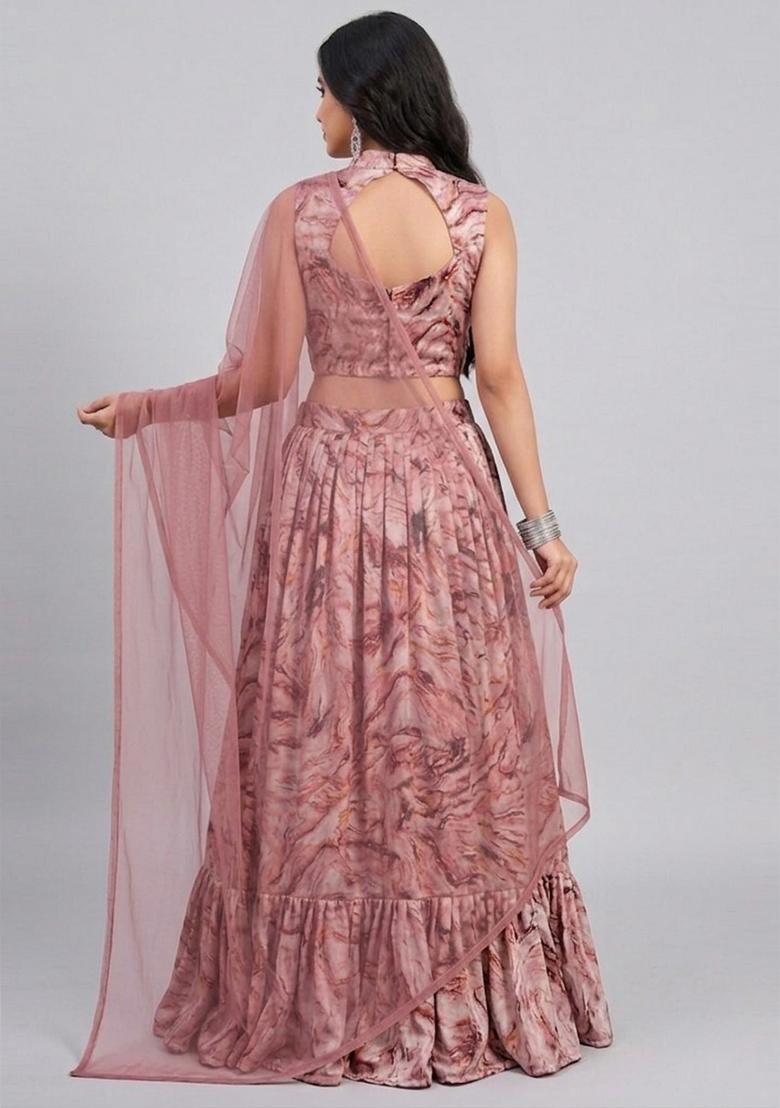 Dusty Pink Printed Satin Lehenga Set - Indya