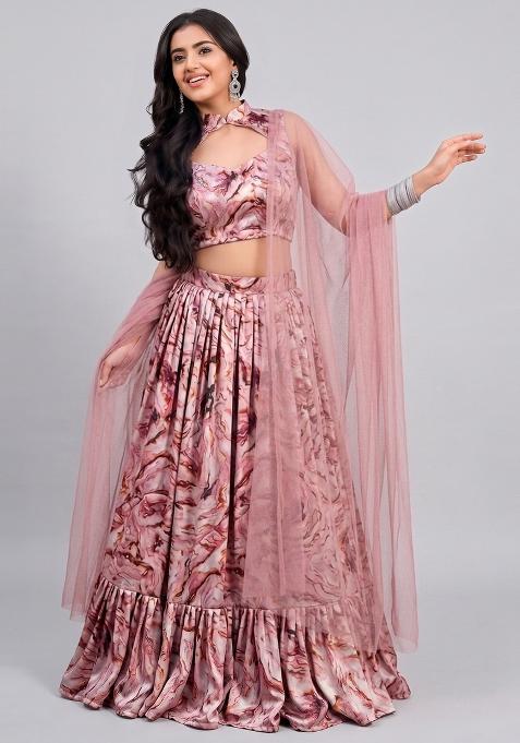 Dusty Pink Abstract Print Satin Lehenga Set