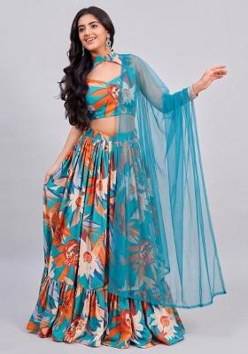 Teal Printed Satin Lehenga Set