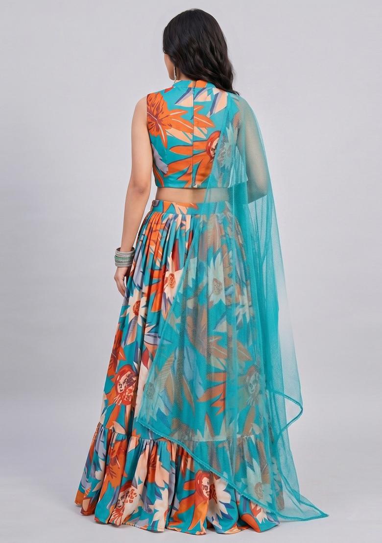 Teal Printed Satin Lehenga Set - Indya
