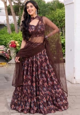 Coffee Brown Printed Chiffon Lehenga Set