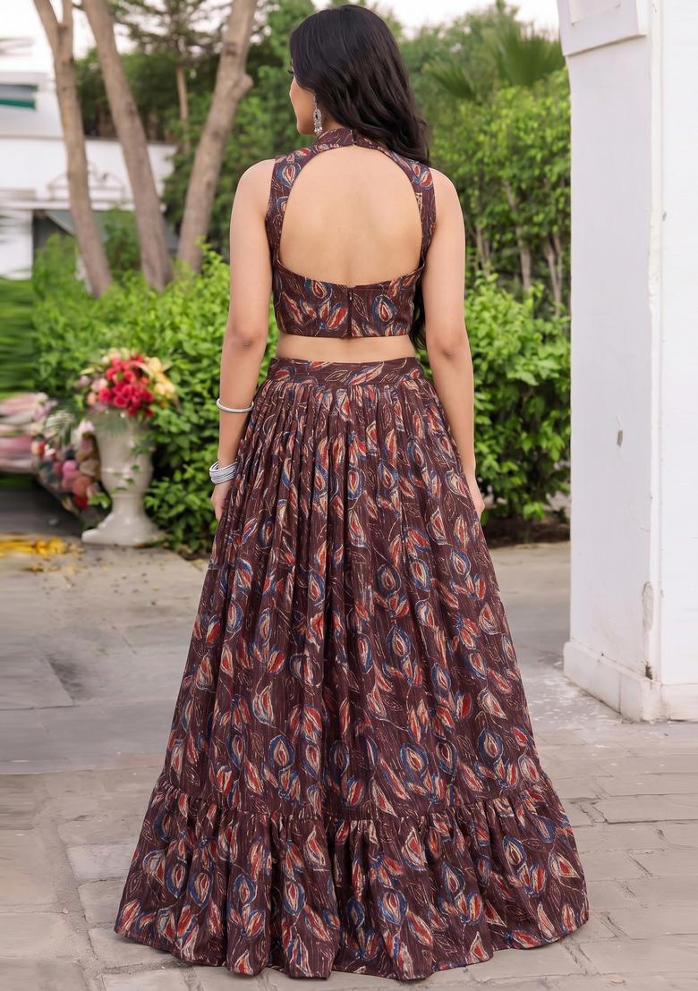 Coffee Brown Printed Chiffon Lehenga Set - Indya