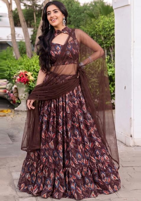 Coffee Brown Abstract Print Chiffon Lehenga Set