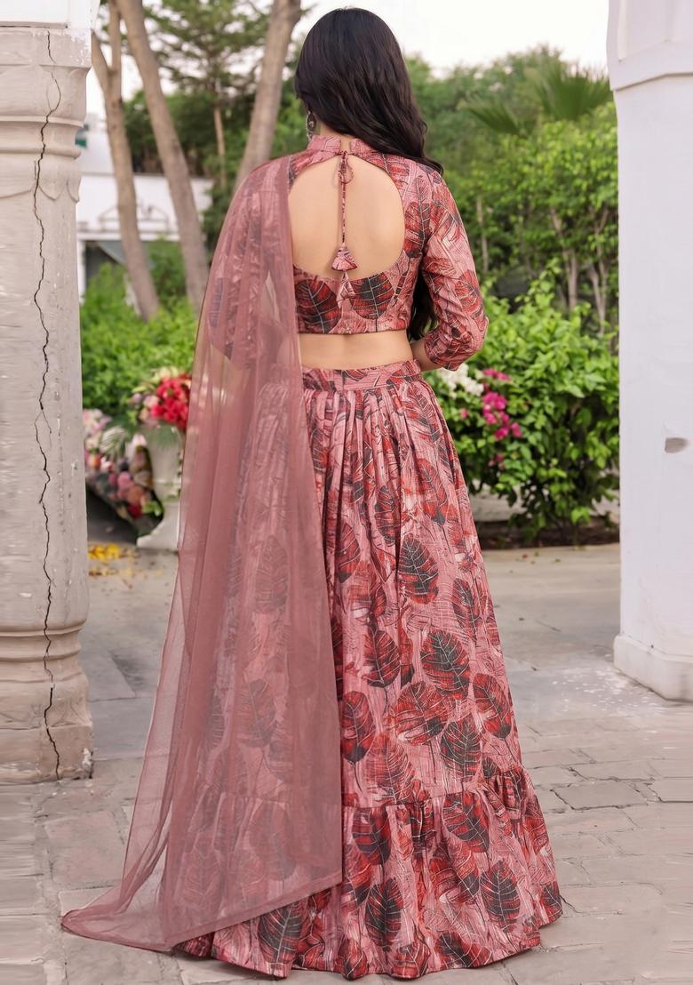 Dusty Pink Printed Chiffon Lehenga Set - Indya