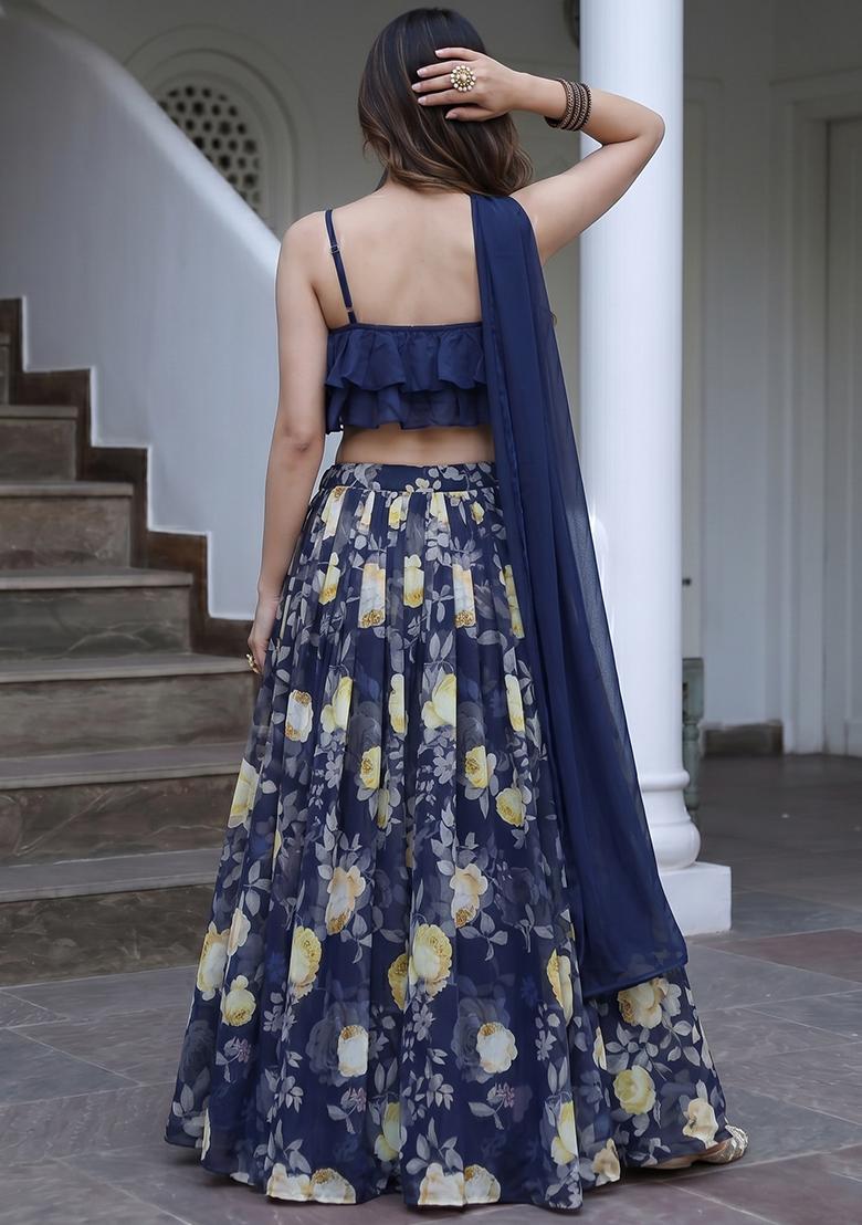Navy Blue Printed Georgette Lehenga Set - Indya