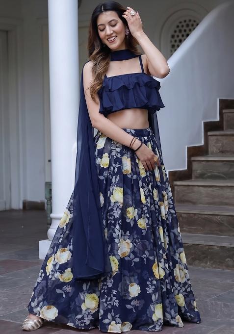 Navy Blue Printed Georgette Lehenga Set