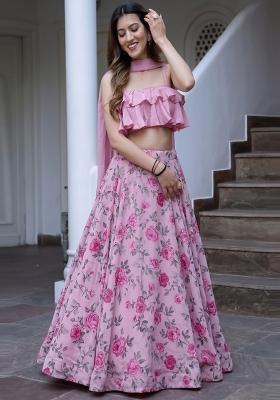 Pastel Pink Printed Poly Blend Lehenga Set