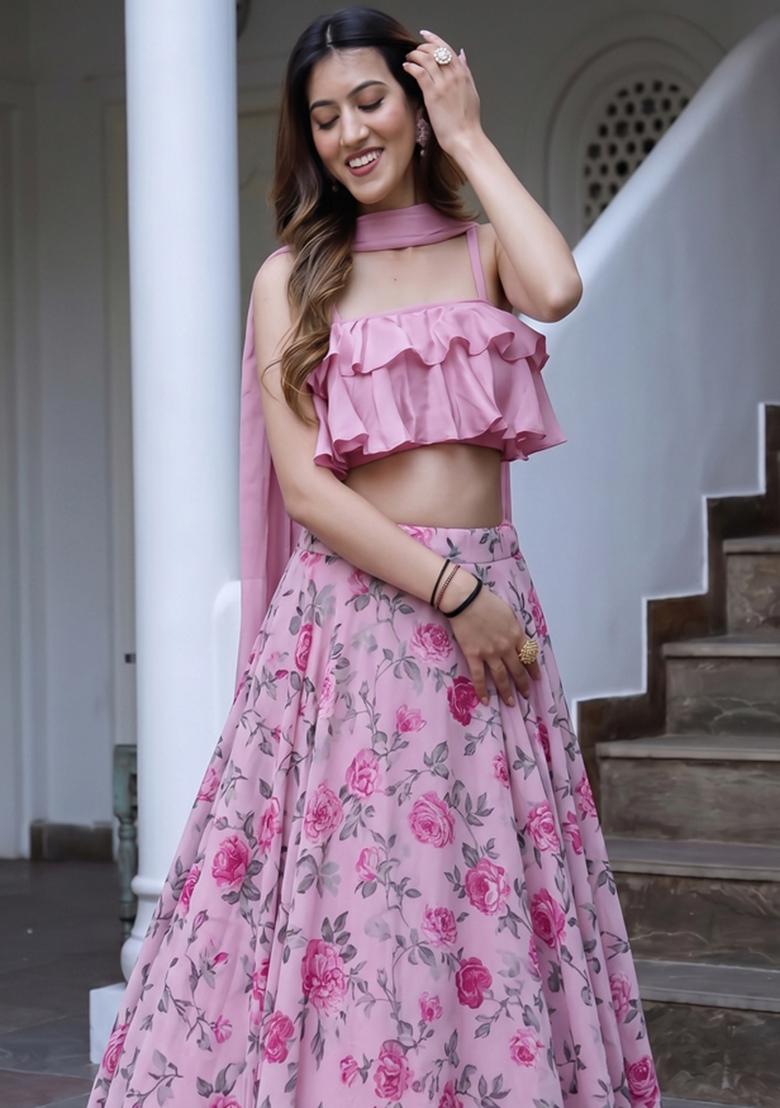 Pastel Pink Printed Poly Blend Lehenga Set - Indya