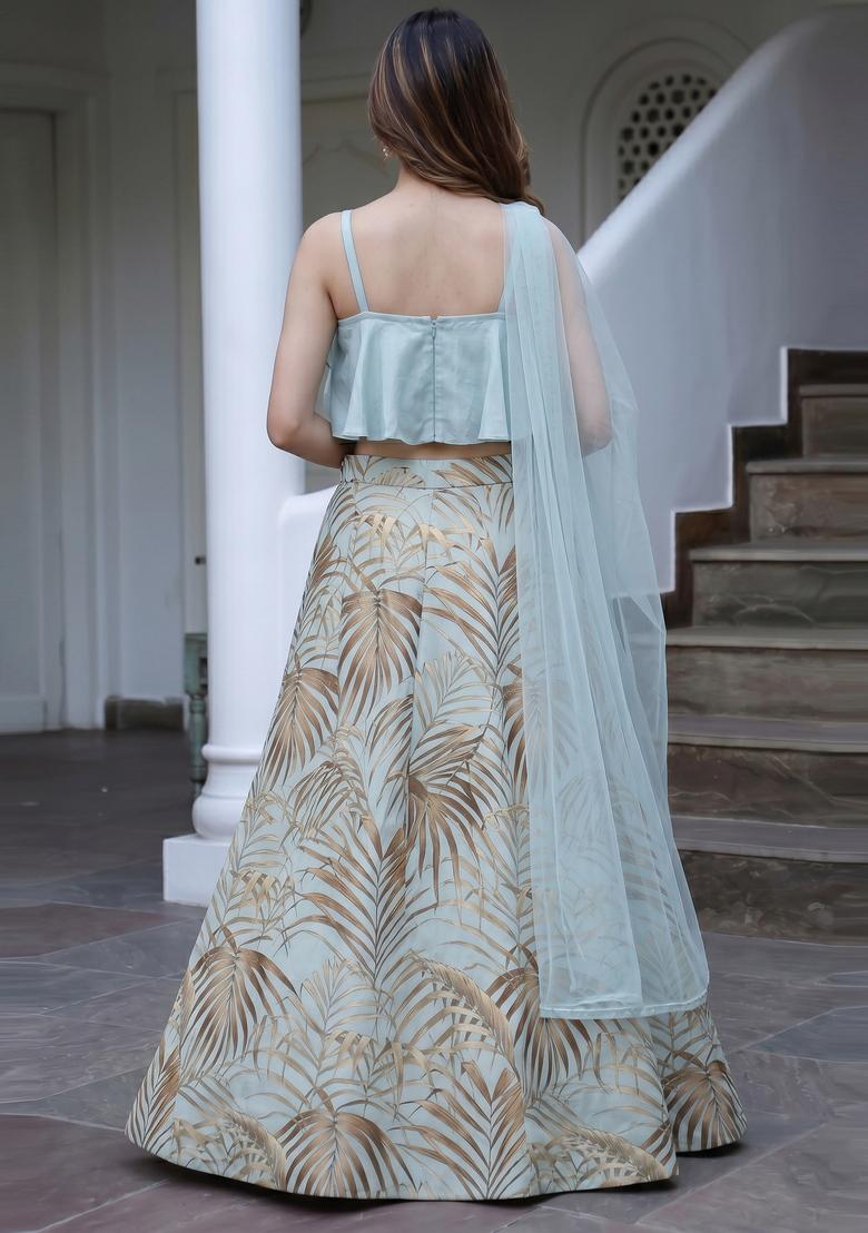 Powder Blue Printed Georgette Lehenga Set - Indya