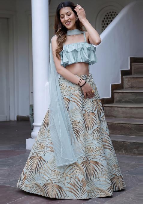 Powder Blue Printed Georgette Lehenga Set