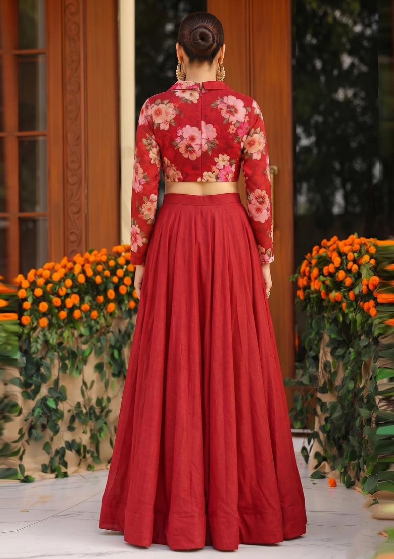 Maroon Printed Georgette Lehenga Set - Indya