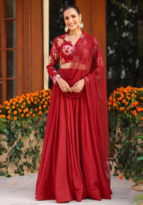 Maroon Printed Georgette Lehenga Set