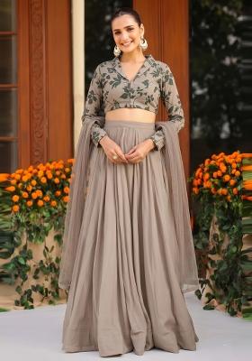 Taupe Printed Georgette Lehenga Set