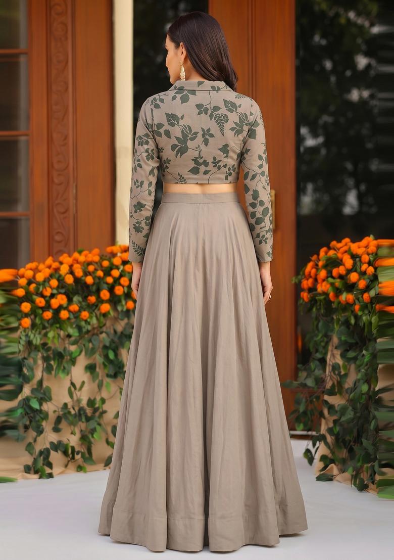 Taupe Printed Georgette Lehenga Set - Indya