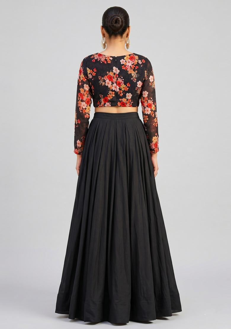 Black Printed Georgette Lehenga Set - Indya