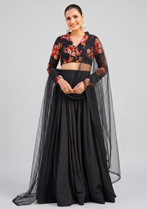 Black Printed Georgette Lehenga Set