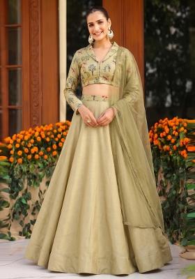 Olive Green Printed Silk Blend Lehenga Set