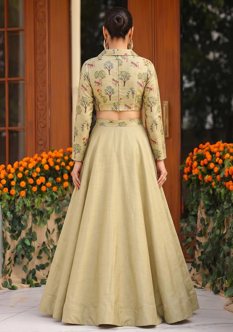 Olive Green Printed Silk Blend Lehenga Set - Indya