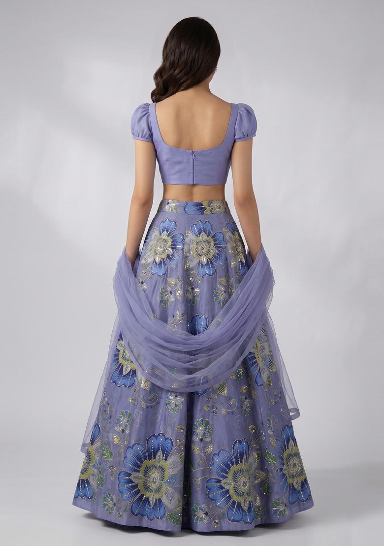 Lavender Embroidered Organza Lehenga Set - Indya