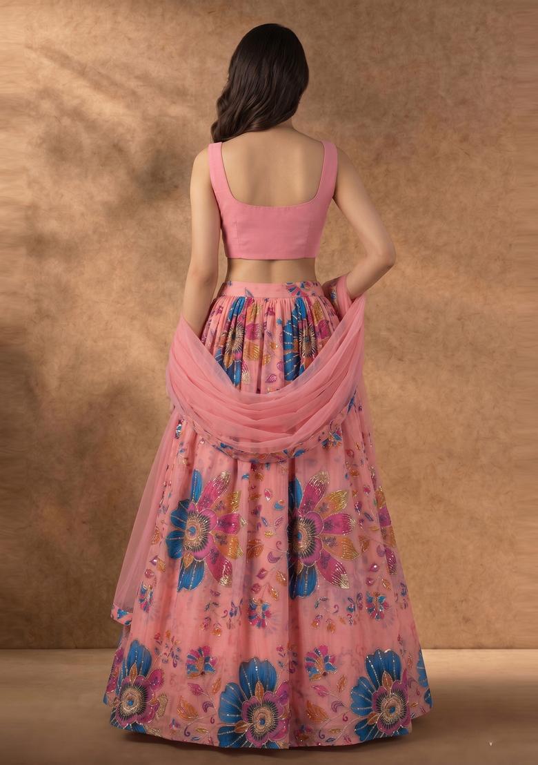 Light Pink Embroidered Organza Lehenga Set - Indya