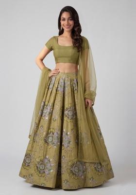 Olive Green Embroidered Organza Lehenga Set