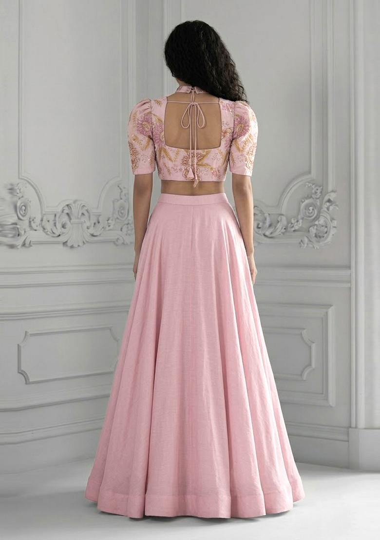 Light Pink Embroidered Organza Lehenga Set - Indya