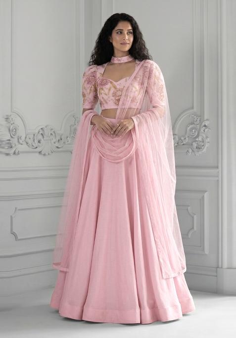 Light Pink Embroidered Organza Lehenga Set