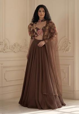 Dark Brown Embroidered Organza Lehenga Set