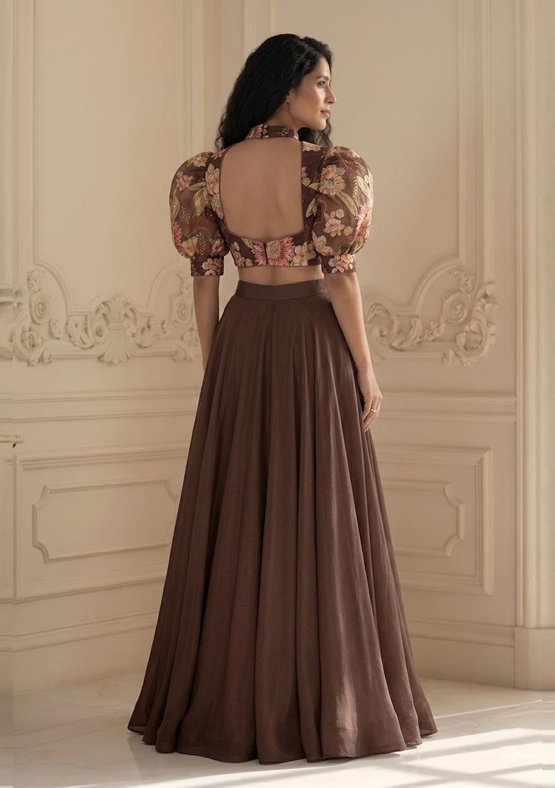 Dark Brown Embroidered Organza Lehenga Set - Indya