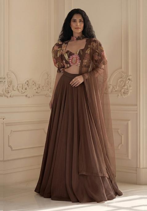 Dark Brown Embroidered Organza Lehenga Set