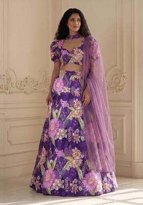 Purple Embroidered Organza Lehenga Set