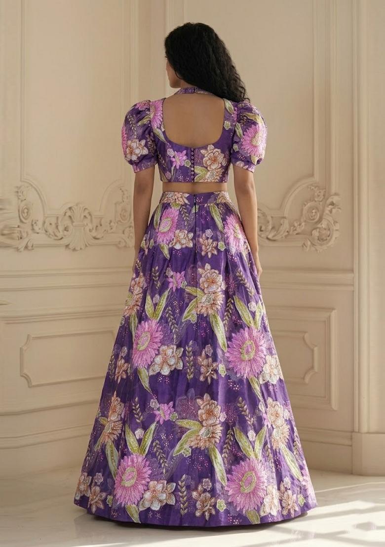 Purple Embroidered Organza Lehenga Set - Indya