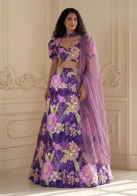 Purple Embroidered Organza Lehenga Set