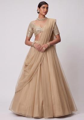 Light Beige Mirror Work Poly Blend Lehenga Set