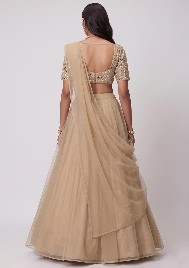 Light Beige Mirror Work Poly Blend Lehenga Set - Indya