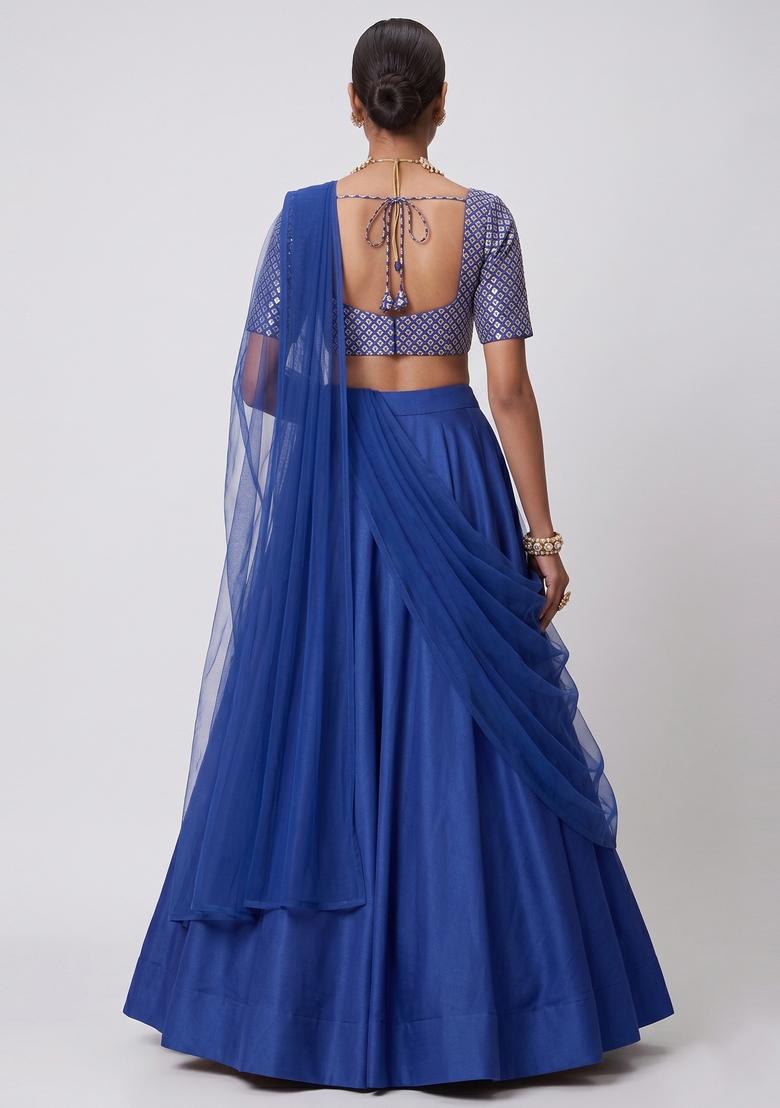 Dark Blue Mirror Work Poly Blend Lehenga Set - Indya