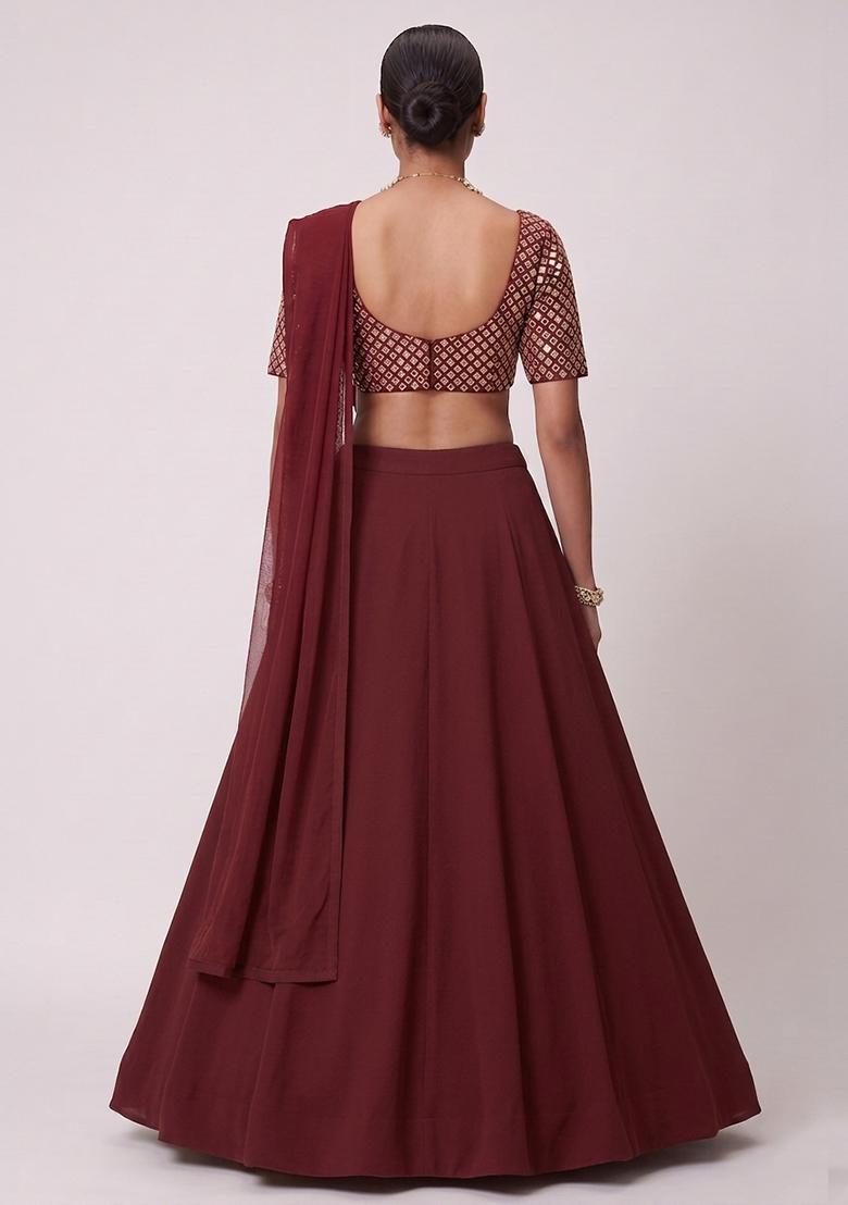 Deep Maroon Mirror Work Poly Blend Lehenga Set - Indya