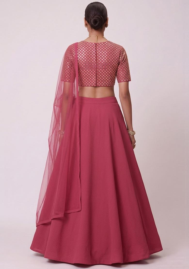 Dark Pink Mirror Work Poly Blend Lehenga Set - Indya
