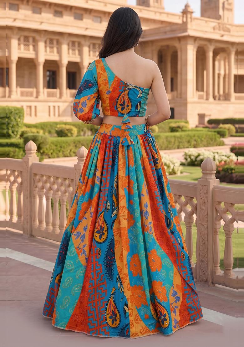 Multi Printed Crepe Lehenga Set - Indya
