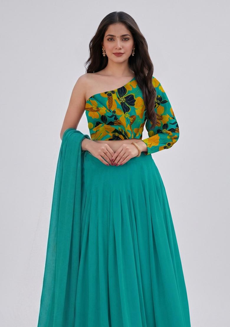 Teal Printed Crepe Lehenga Set - Indya