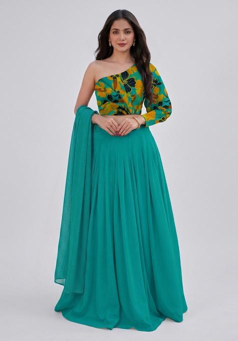 Teal Printed Crepe Lehenga Set