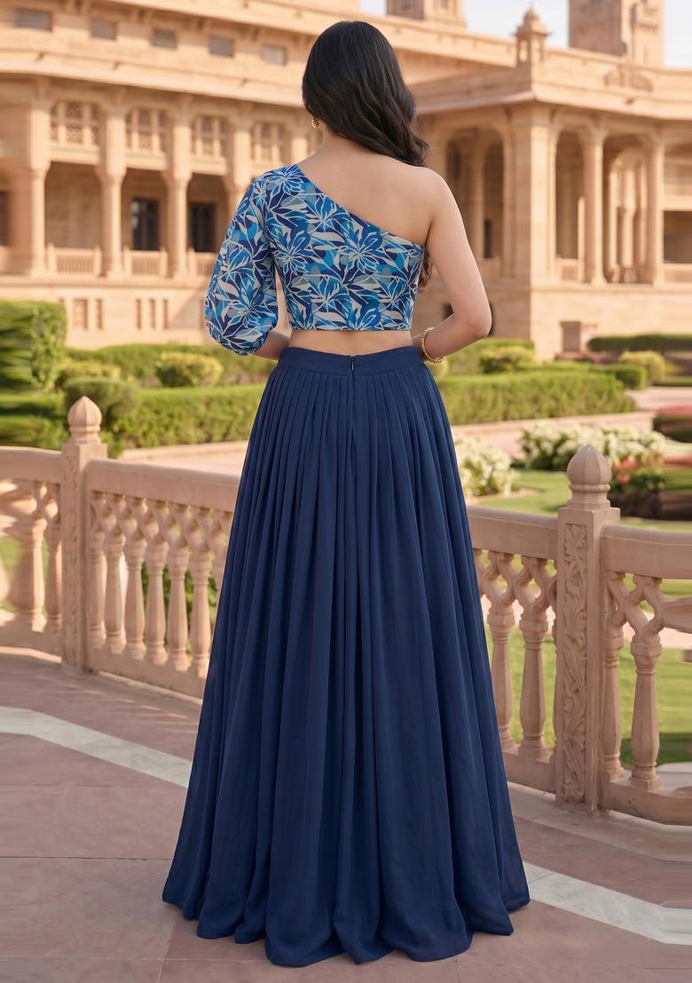 Dark Blue Printed Crepe Lehenga Set - Indya